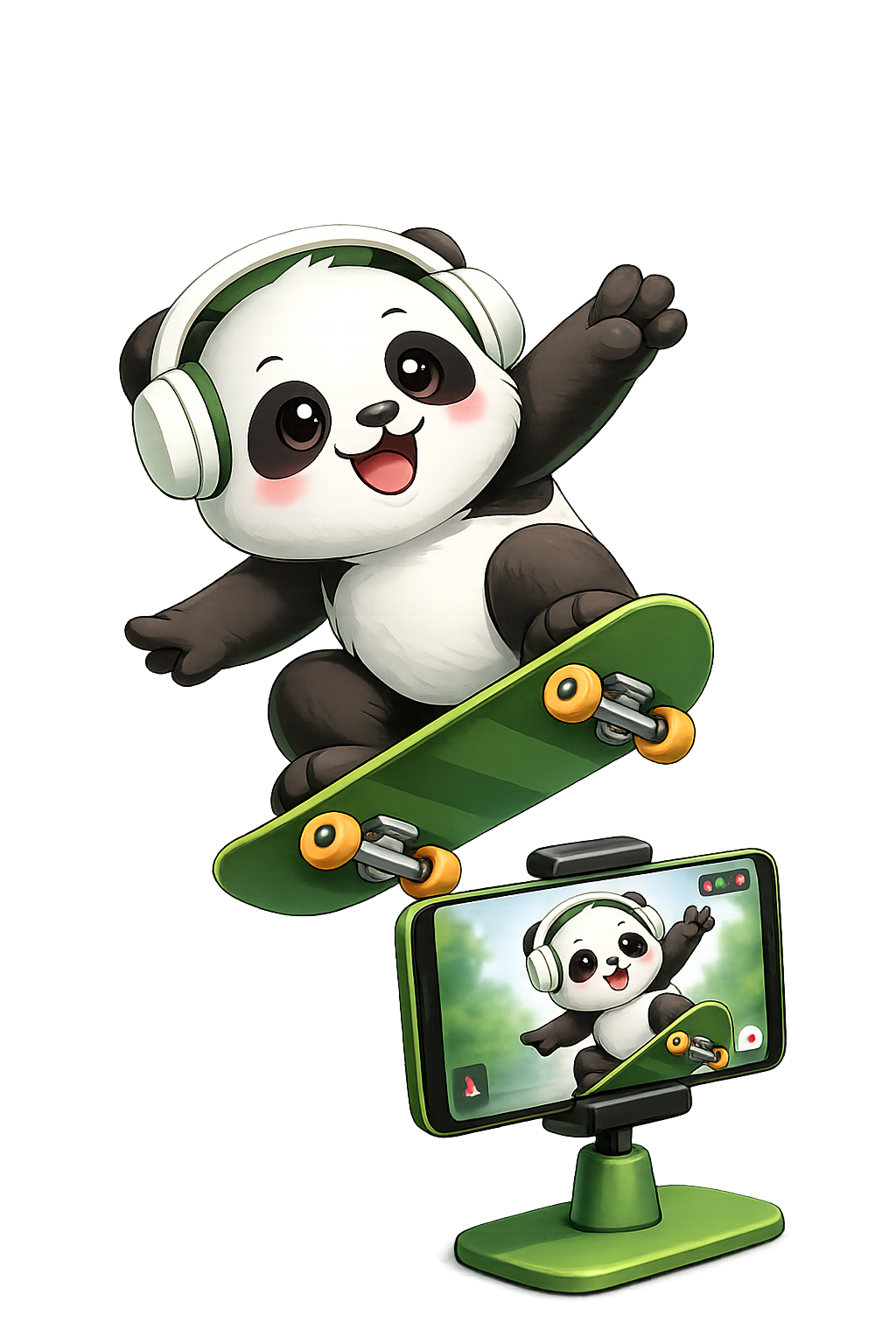 Панда на скейтборде с видеозвонком