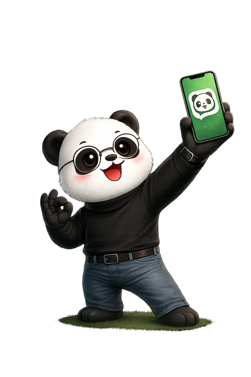 Панда с телефоном показывает приложение